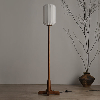 Japanese Zen Rosewood Base Silk Lantern Shade 1-Light Standing Floor Lamp