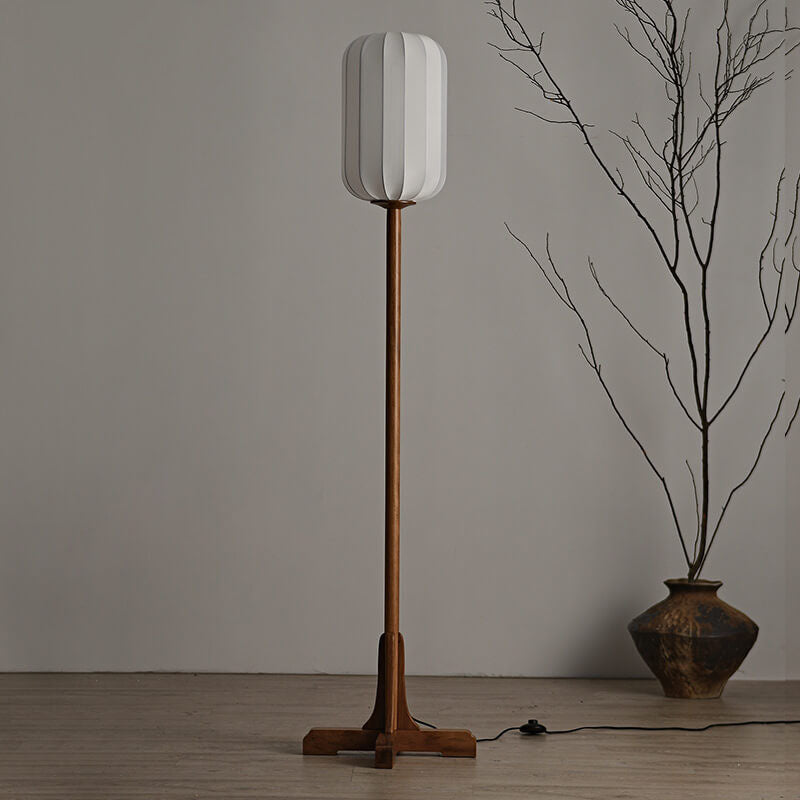 Japanese Zen Rosewood Base Silk Lantern Shade 1-Light Standing Floor Lamp