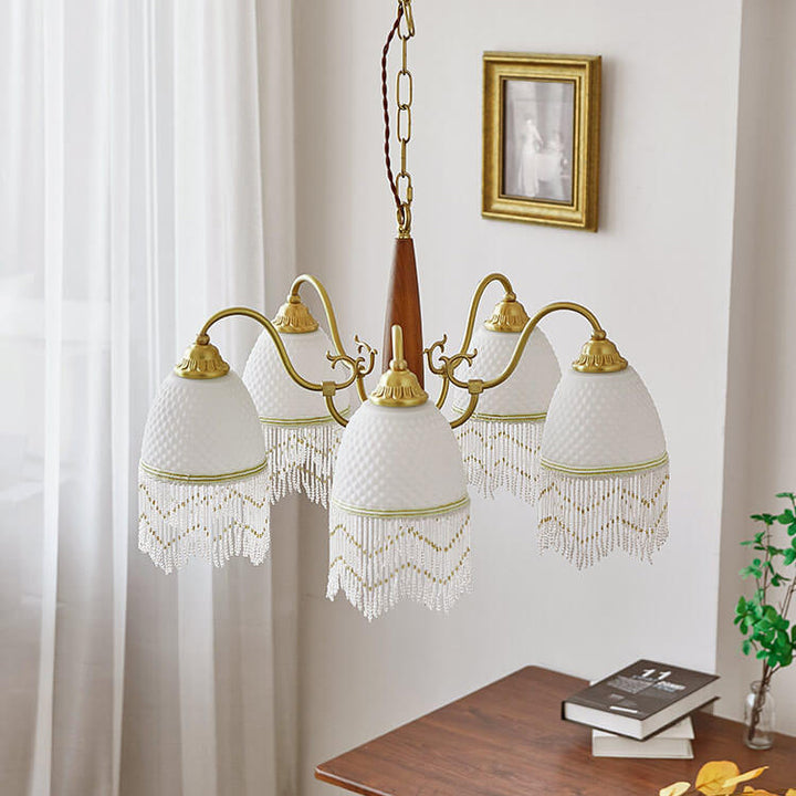 Traditional Vintage Grid Tassel Copper Wood Glass 3/5/8 Light Chandelier For Living Room