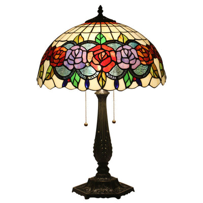 Tiffany Vintage Rose Stained Glass Dome 2-Light Table Lamp