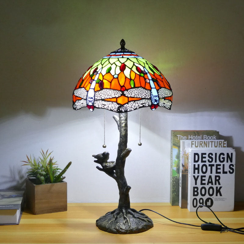 Traditional Tiffany Dragonfly Flower Stained Glass Bird Base 2-Light Table Lamp For Bedroom