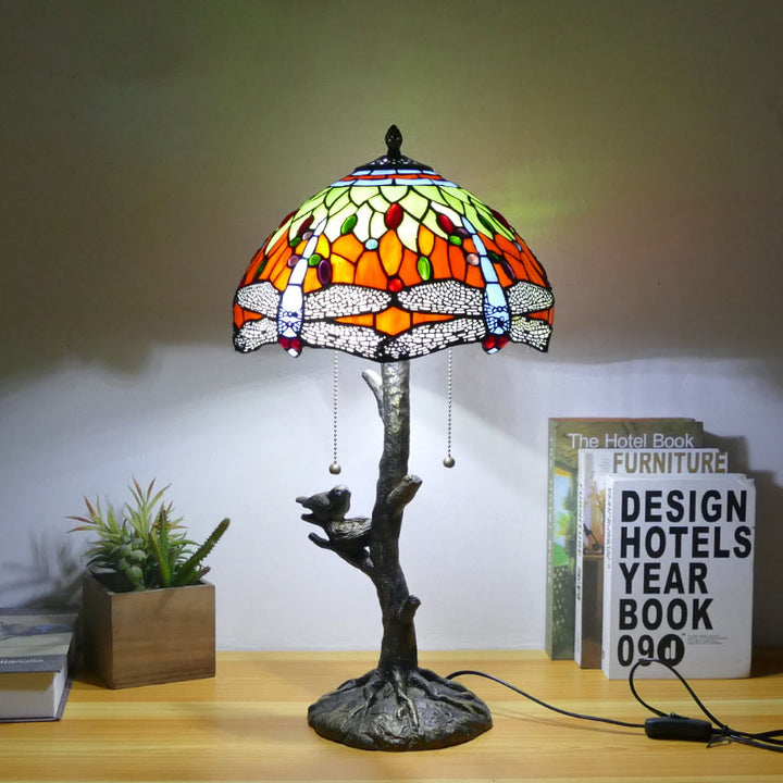 Traditional Tiffany Dragonfly Flower Stained Glass Bird Base 2-Light Table Lamp For Bedroom