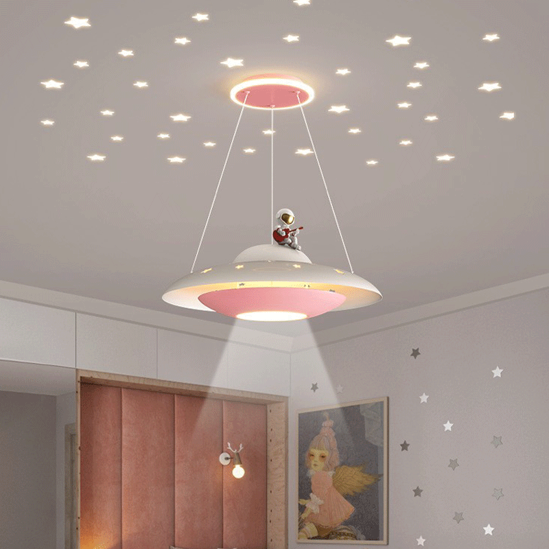 Moderne Art Deco Kinder Eisen Acryl UFO Raumschiff Astronaut Runde LED Pendelleuchte Für Schlafzimmer 