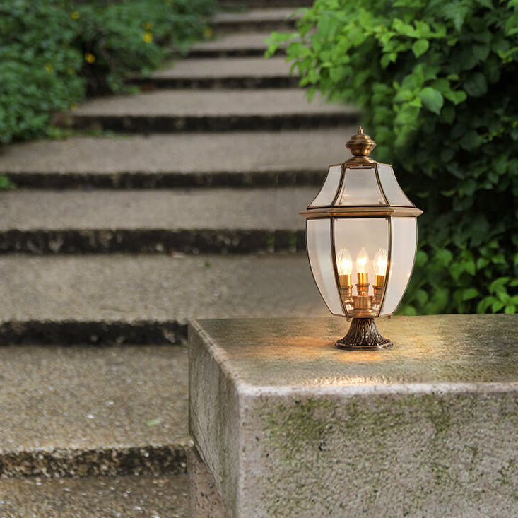 Traditional European All Copper Clear Glass Lantern Post 1/3 Light Waterproof Patio Landscape Light For Outdoor