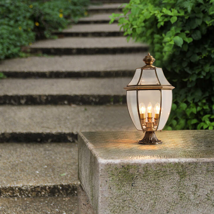 Traditional European All Copper Clear Glass Lantern Post 1/3 Light Waterproof Patio Landscape Light For Outdoor