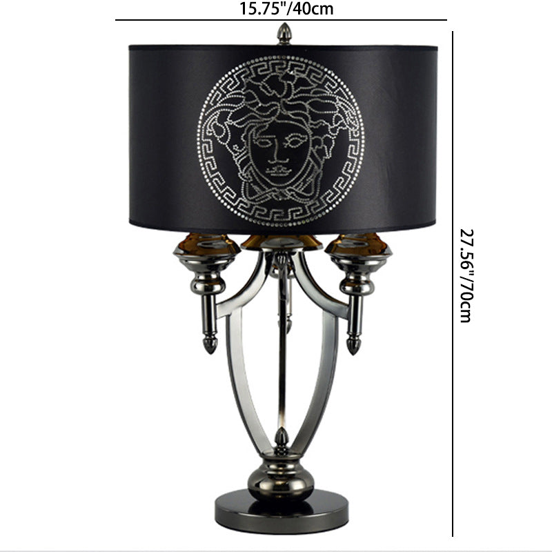 Lampe de table à 3 lumières en tissu rétro contemporain avec cylindre en marbre et fer pour étude 