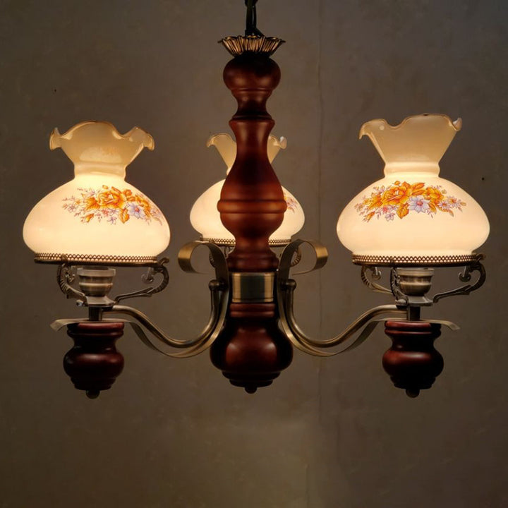 Chandelier traditionnel rustique en fer à fleurs rondes en bois massif à 3 lumières pour salon 