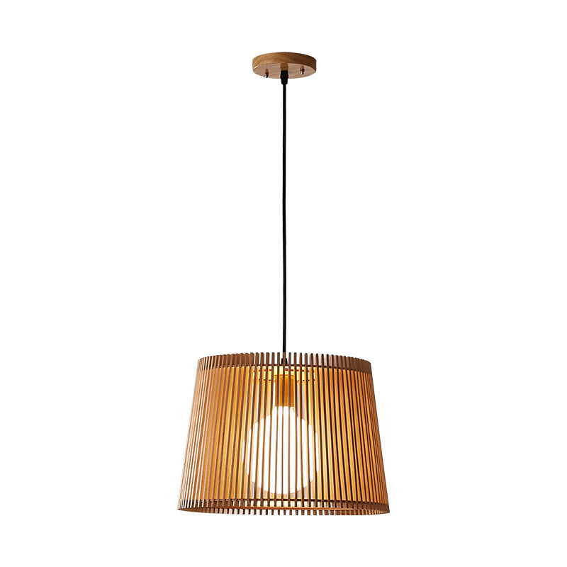 Traditional Japanese Wood Acrylic Cylinder Bucket 1-Light Pendant Light For Dining Room