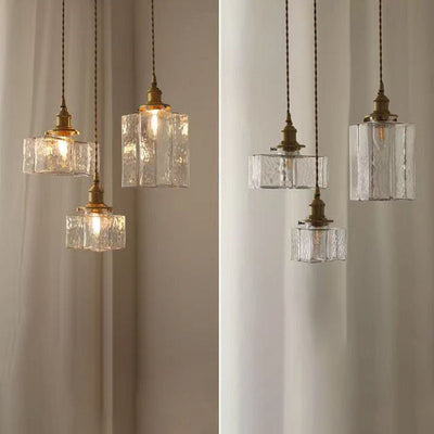 Pantalla de Cubo de Vidrio Japonés Tradicional Latón 1 Luz Colgante para Sala de Estar 