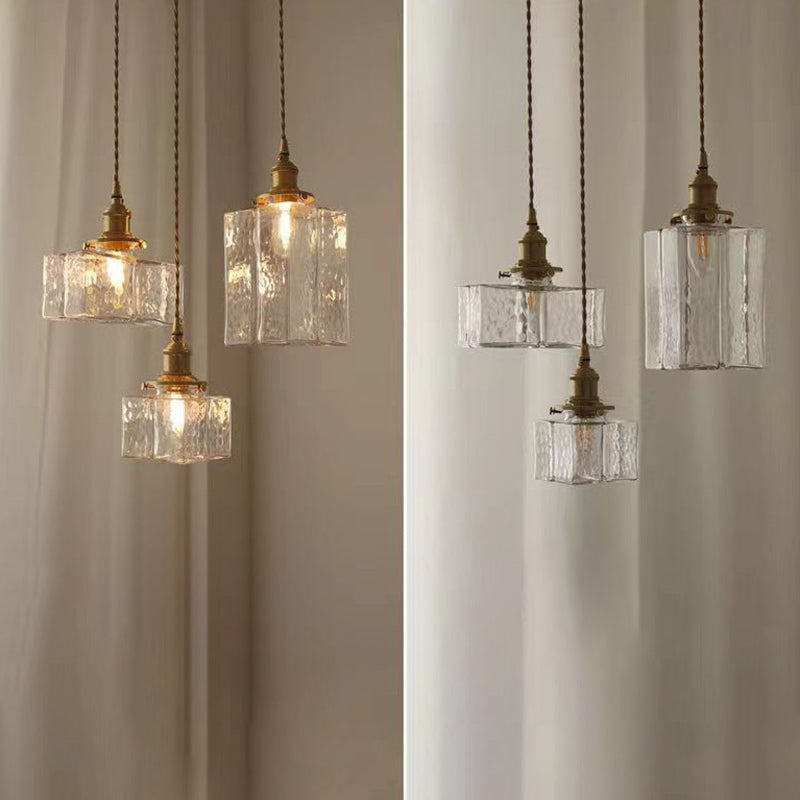 Pantalla de Cubo de Vidrio Japonés Tradicional Latón 1 Luz Colgante para Sala de Estar 