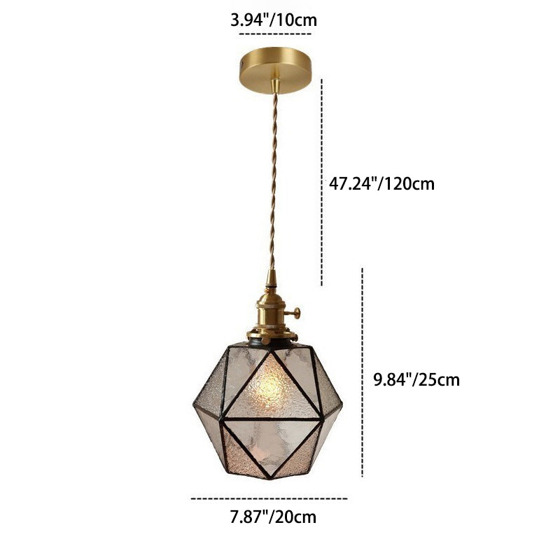 Traditional Tiffany Iron Brass Glass Polygonal Diamond 1-Light Pendant Light For Dining Room