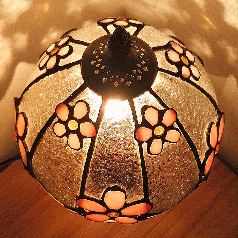 Tiffany Plum Flower Stained Glass Dome Metal Base 1-Light Table Lamp