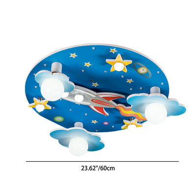Modern Art Deco Kids Wood Plastic Round Rocket Starry Sky LED Flush Mount Ceiling Light For Bedroom