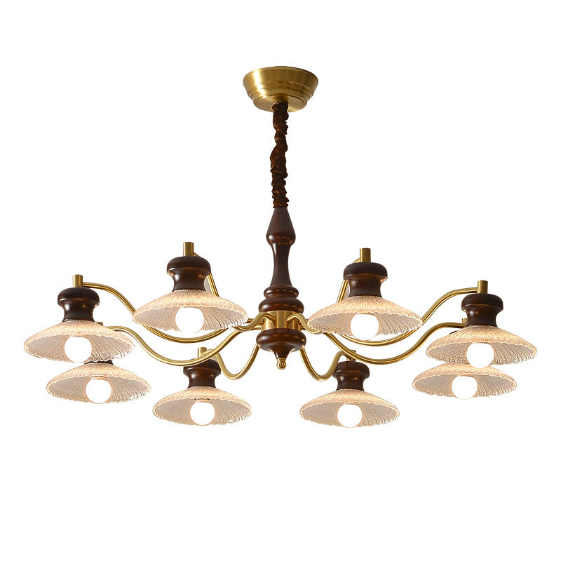 Lustres ronds en laiton vintage traditionnel, fer, bois de frêne, verre, à 3/6/8 lumières pour salle à manger 