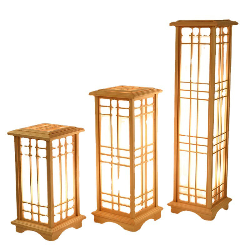 Traditional Japanese Wood Acrylic Pillar Rectangular 1/2/3 Light Standing Floor Lamp For Bedroom