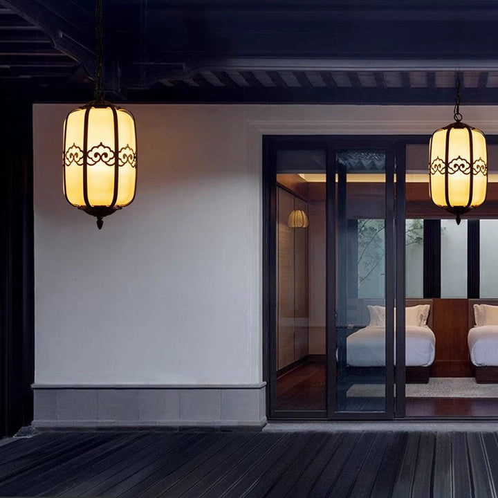 Pantalla de Linterna de Mármol de Imitación Chino Tradicional de Aluminio 1-Luz Impermeable Lámpara Colgante para Patio Exterior 