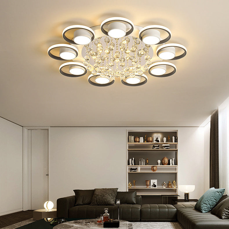 Luminaire de plafond LED moderne en fer avec abat-jour en acrylique en forme de cercle et cristal pour salon 