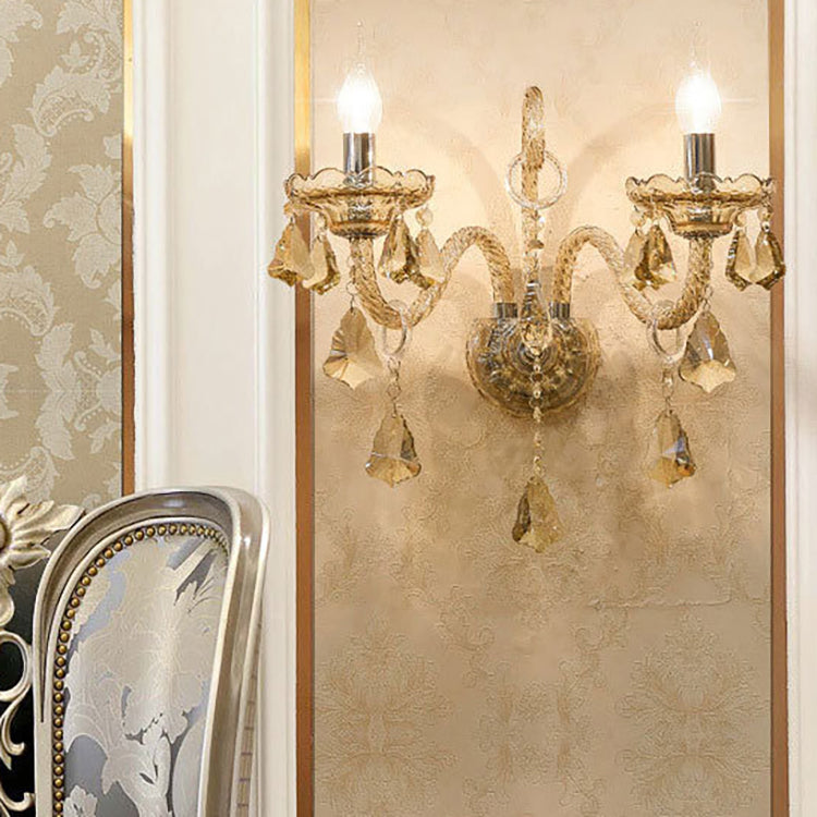 Traditionelle europäische Glaskristall-Kandelaber-Hardware 1/2-Licht-Wandleuchter-Lampe für Wohnzimmer 