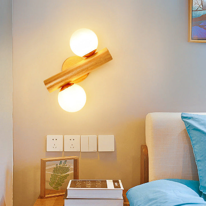 Applique murale à 2 lumières avec verre, matériel en bois, orbe cylindrique minimaliste moderne pour chambre 