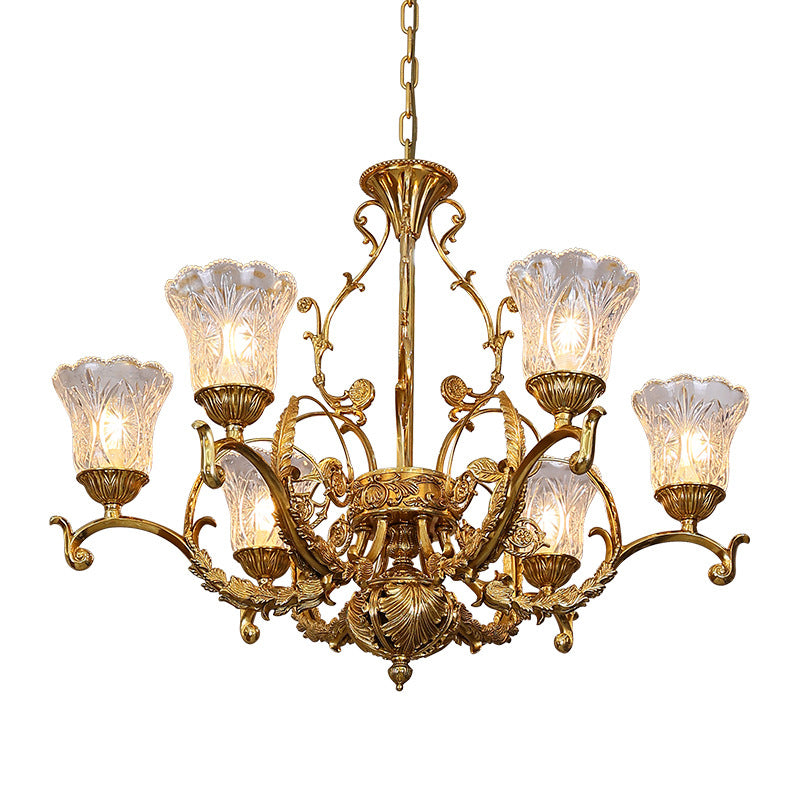 Lustre à 6 lumières en verre et cuivre avec branche de feuilles florales traditionnelles françaises pour chambre 