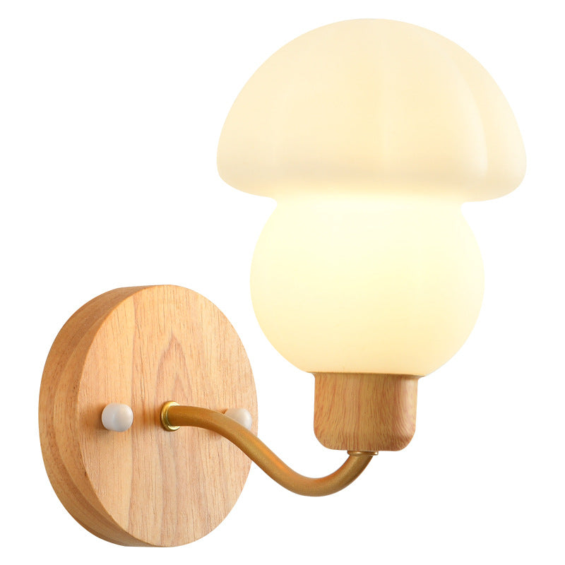 Contemporary Nordic Iron Wood PVC Mushroom 1-Light Wall Sconce Lamp For Bedside