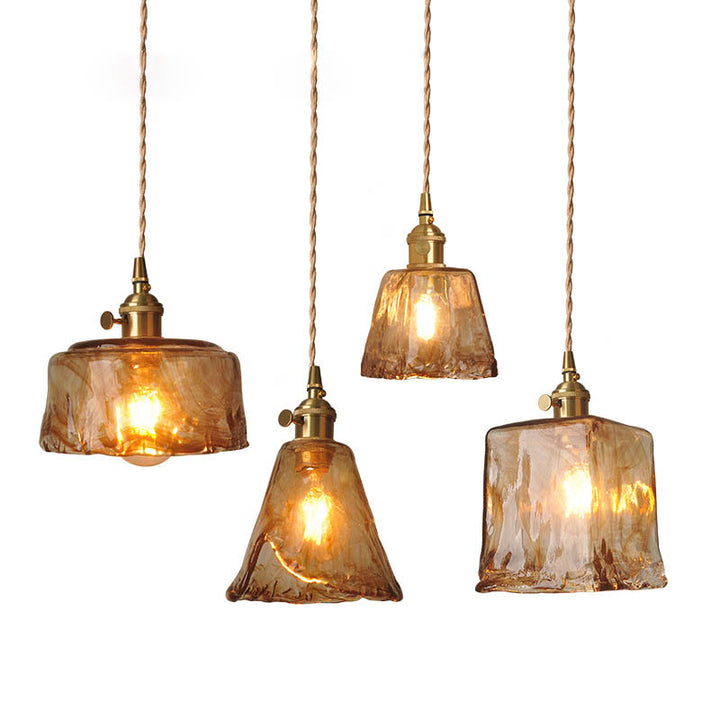 Modern Eclectic Amber Brass Glass Geometric Jar 1-Light Pendant Light For Living Room