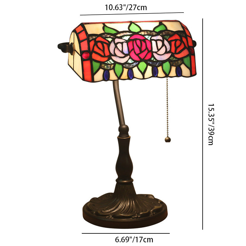 Lámpara de mesa de 1 luz de aleación de zinc con vidrio teñido estilo Tiffany tradicional rectángulo rosa para sala de estar 