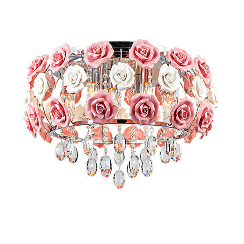 Moderne Minimaliste Rose Ronde Cristal Branche Cristal Fer 5/6 Lumière Plafonnier Pour Chambre 