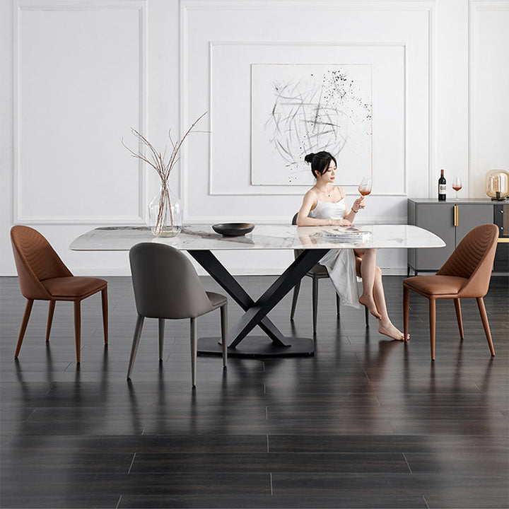 Contemporary Nordic Rectangular Arched Striped Cat Scratch Leather Carbon Steel Dining Chair Backrest Armless For Dining Room