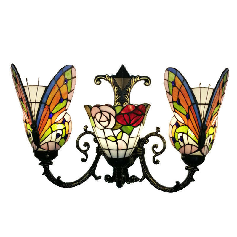 Traditional Tiffany European Butterfly Alloy Iron Glass 3-Light Wall Sconce Lamp For Hallway