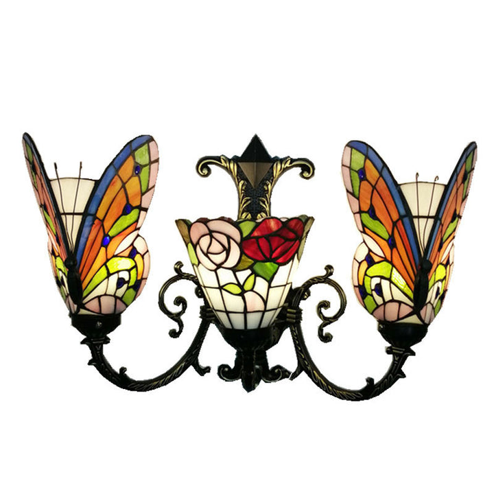 Traditional Tiffany European Butterfly Alloy Iron Glass 3-Light Wall Sconce Lamp For Hallway