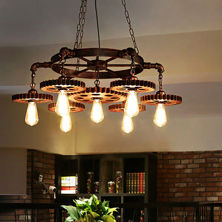Traditioneller Vintage-Kronleuchter aus Eisen mit rundem Rahmen und Zahnrad-Design mit 7 Lichtern für das Wohnzimmer 