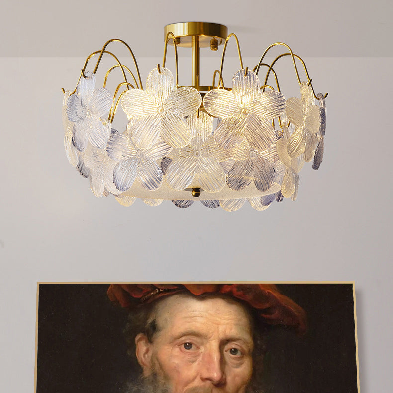 Plafonnier semi-encastré en fer et verre à fleurs traditionnelles françaises 5/6 lumières pour chambre 