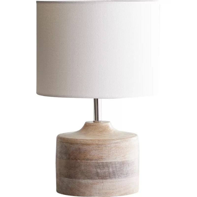 Pantalla cilíndrica de tela vintage tradicional con base de madera maciza, lámpara de mesa de 1 luz para dormitorio 