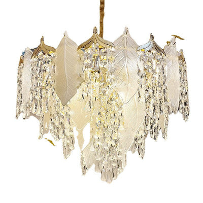 Zeitgenössische Luxus Blatt Kristall Glas Eisen Keramik 9/15/16 Licht Kronleuchter Für Wohnzimmer 