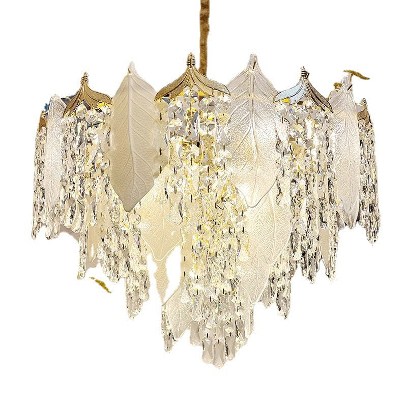 Zeitgenössische Luxus Blatt Kristall Glas Eisen Keramik 9/15/16 Licht Kronleuchter Für Wohnzimmer 