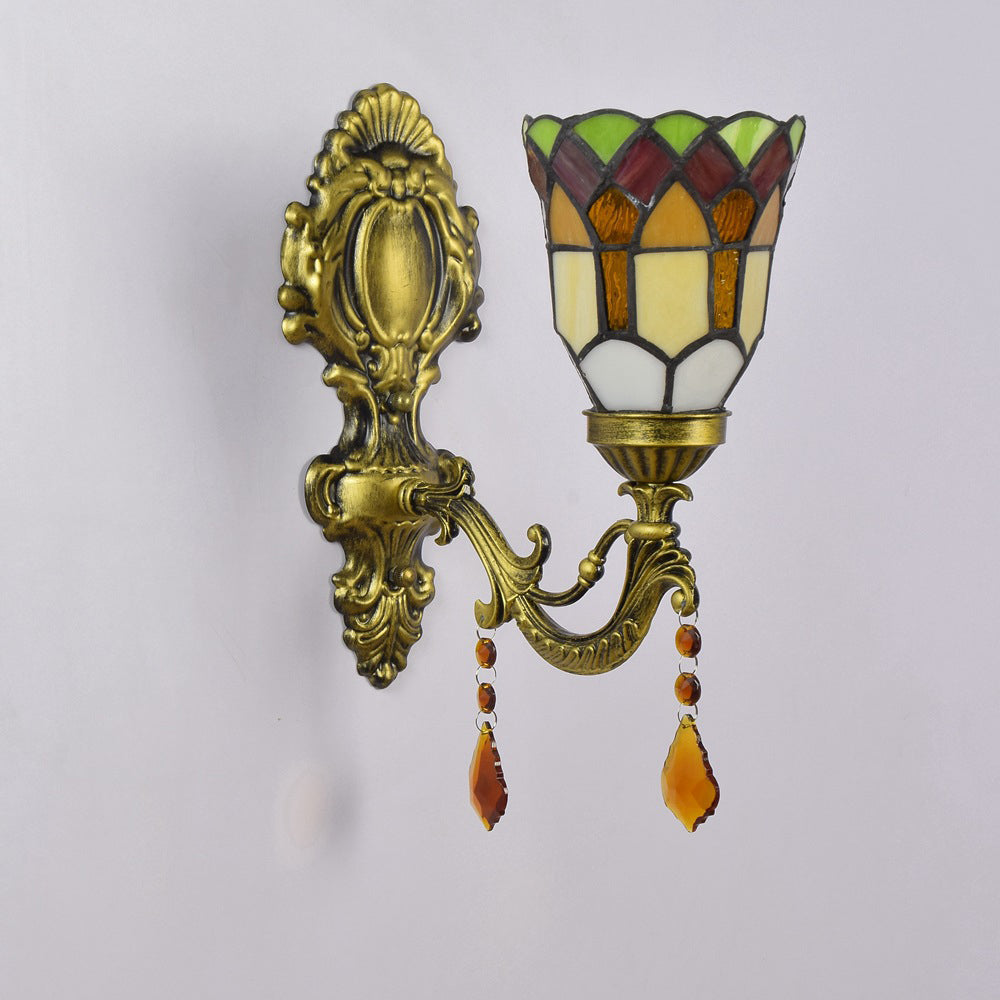 Traditionelle Tiffany Blume Eisen Kristall Glasmalerei 1-Licht Wandleuchte Lampe für Wohnzimmer 