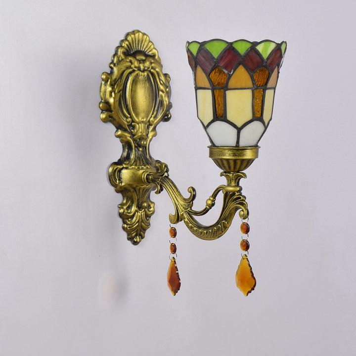 Traditionelle Tiffany Blume Eisen Kristall Glasmalerei 1-Licht Wandleuchte Lampe für Wohnzimmer 