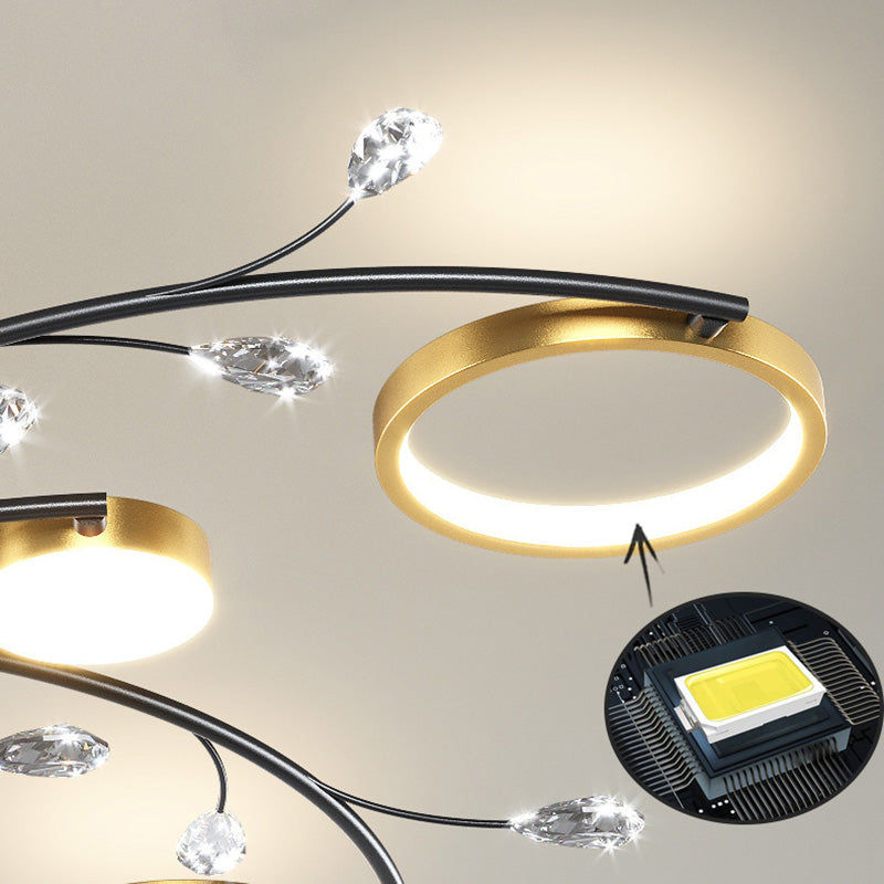 Moderne Luxus-Zweig Runde Hardware Eisen Acryl Kristall Silikon LED Semi-Flush Mount Deckenleuchte für Wohnzimmer 