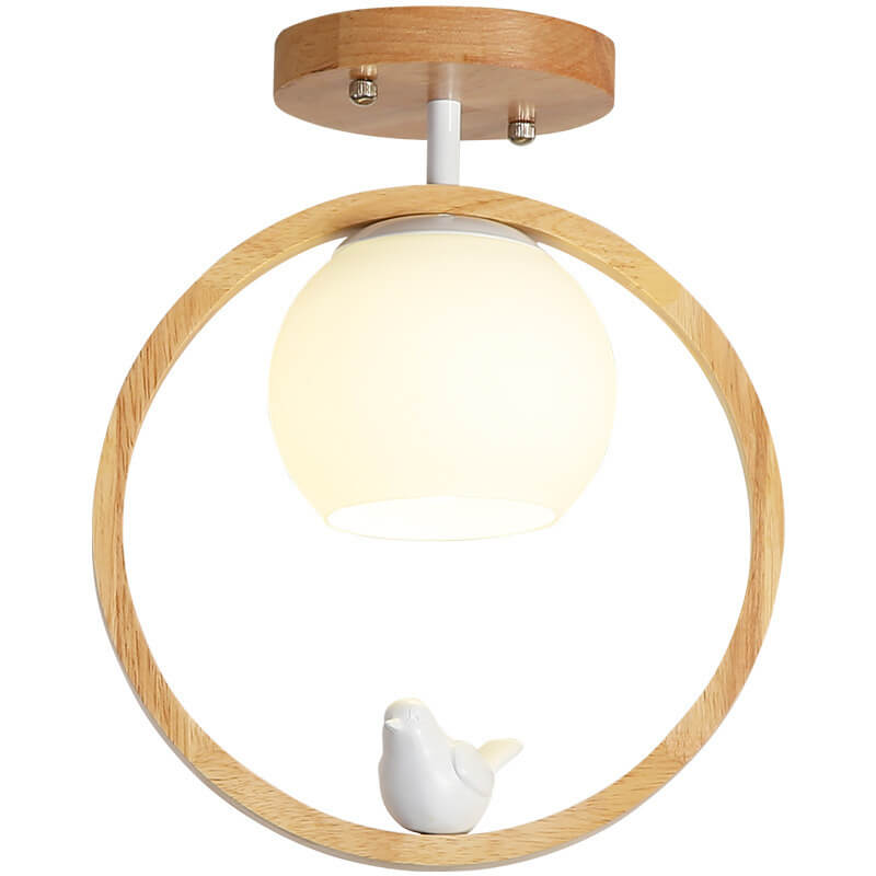 Modern Japanese Minimalist Log Bird Round 1-Light Semi-Flush Mount Ceiling Light