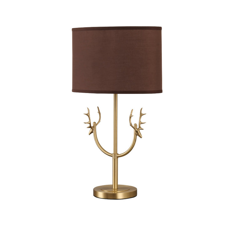 Lámpara de Mesa de 1 Luz con Pantalla de Tela Retro Contemporánea y Cilindro de Latón con Ciervo para Mesita de Noche 