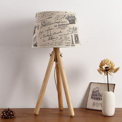 Japanese Simple Round Fabric Three-Legged Wooden Base 1-Light Table Lamp