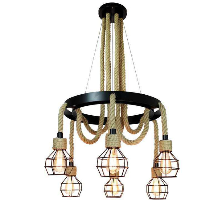伝統的なラスティックヘンプロープ編み鉄ケージ6/8ライトシャンデリア