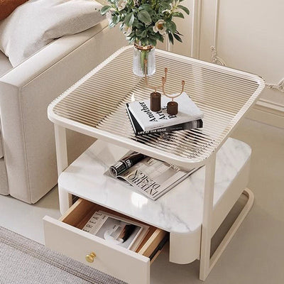 Mesa auxiliar contemporánea nórdica cuadrada de vidrio, metal y madera de 2 niveles para sala de estar 