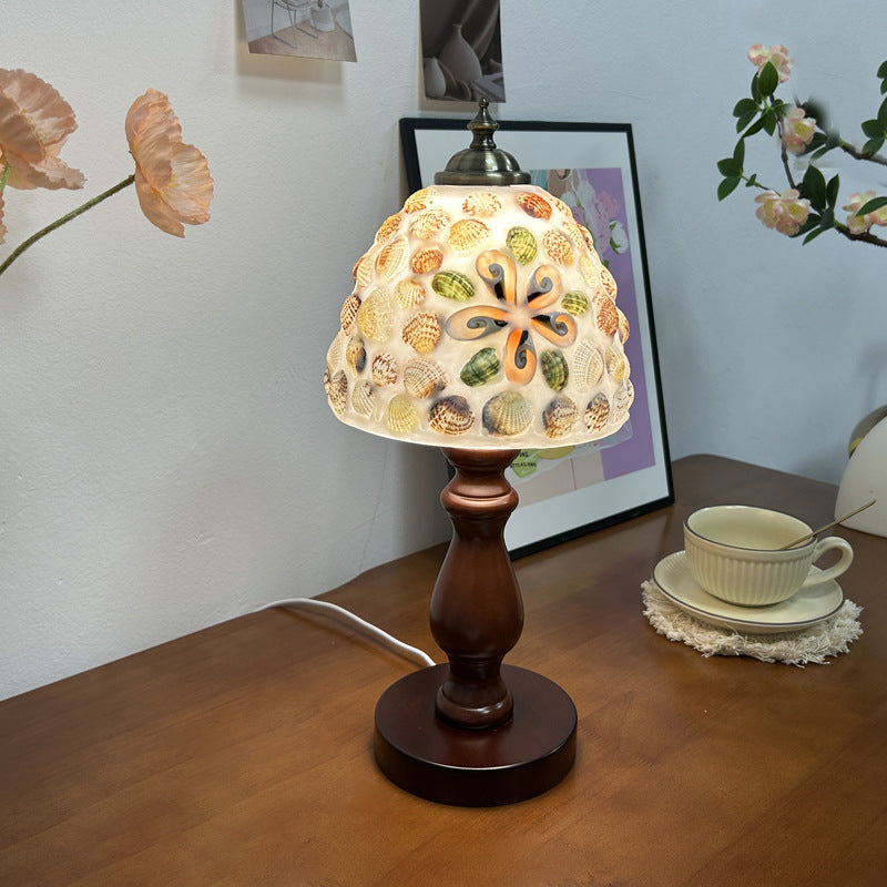 Lámpara de Mesa de 1 Luz con Caparazón de Lozange de Hemisferoide de Vidrio de Madera Vintage Tradicional para Mesita de Noche 