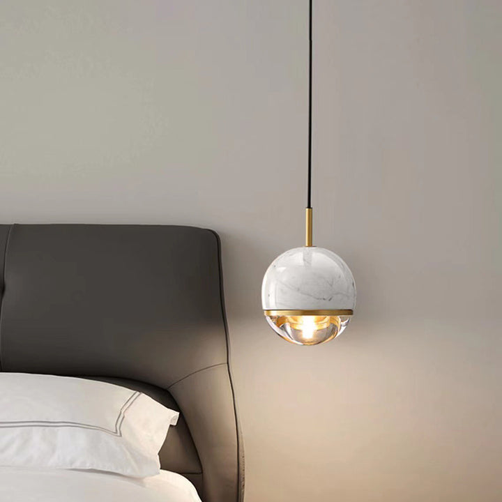 Lámpara colgante de 1 luz de vidrio de mármol de cobre esférico con patrón escandinavo contemporáneo para dormitorio 