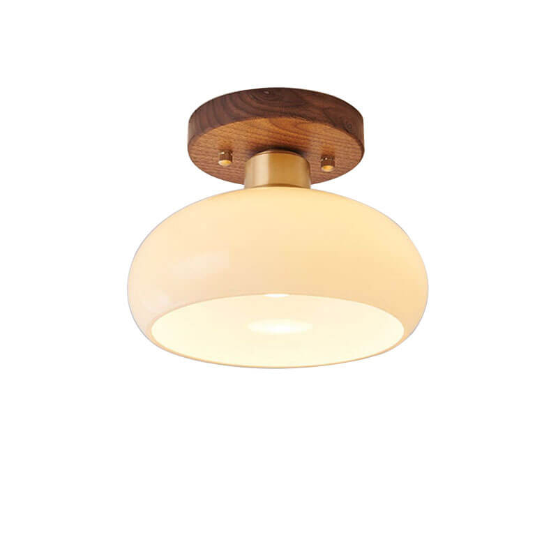 Creative Vintage Walnut Brass Round 1-Light Semi-Flush Mount Ceiling Light