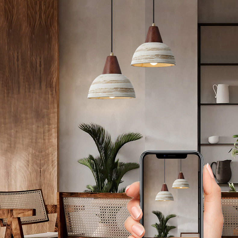 Zeitgenössische Vintage Kuppel Messing Holz Keramik 1-Licht Pendelleuchte für Wohnzimmer 
