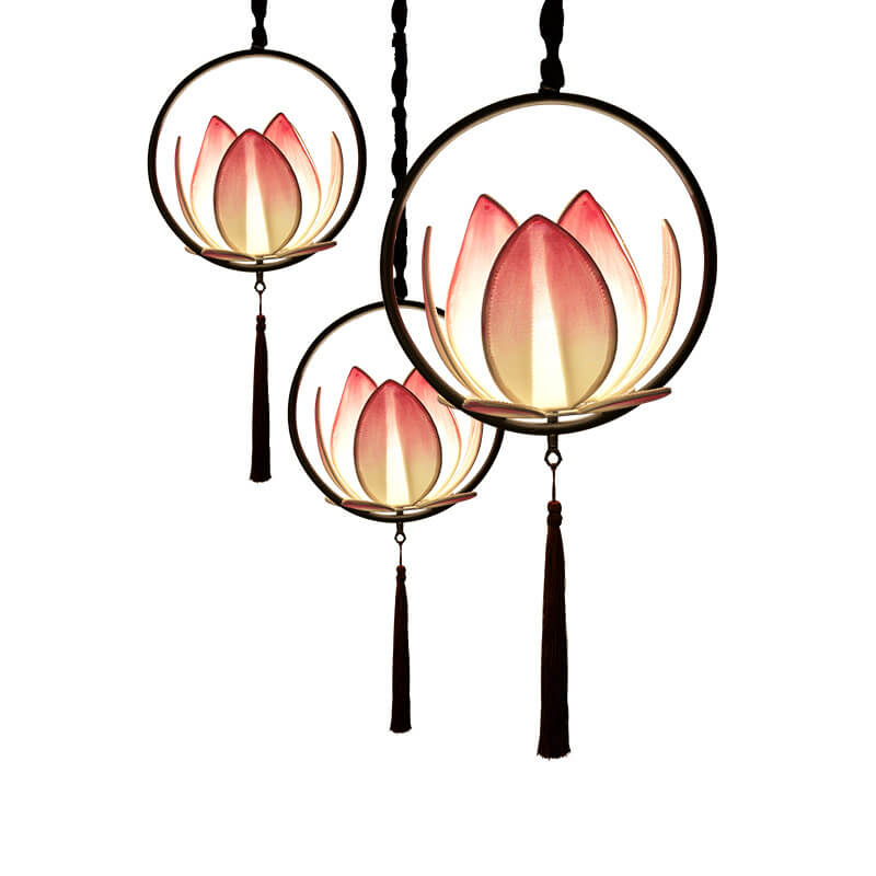 Chinese Zen Lotus Fabric Shade Iron Circle Ring Tassel 1-Light Pendant Light