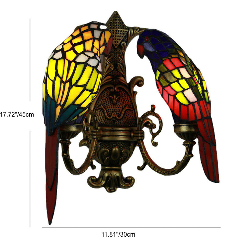 Tiffany Pastoral Double-Headed Parrot Stained Glass 2-Light Wall Sconce Lamp